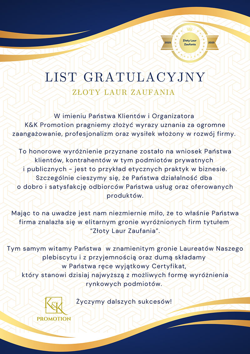Certyfikat Złoty Laur Zaufania przyznany zakładowi pogrzebowemu Genita D. Kurowski