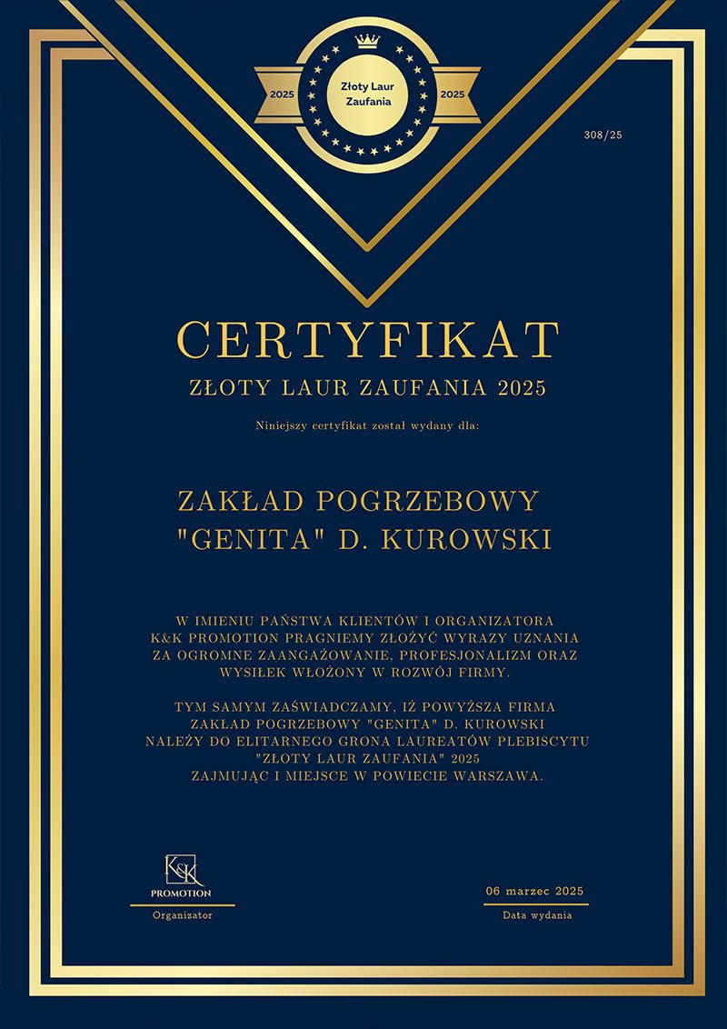 Certyfikat Złoty Laur Zaufania przyznany zakładowi pogrzebowemu Genita D. Kurowski